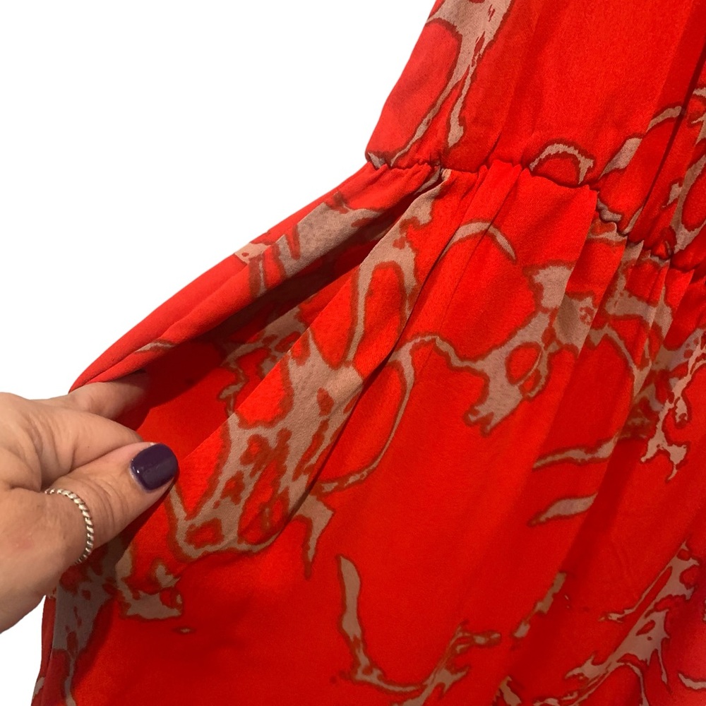 Revolve Karina Grimaldi Red Orange Jumpsuit V neck Patterned Pantsuit Style - Picture 6 of 11